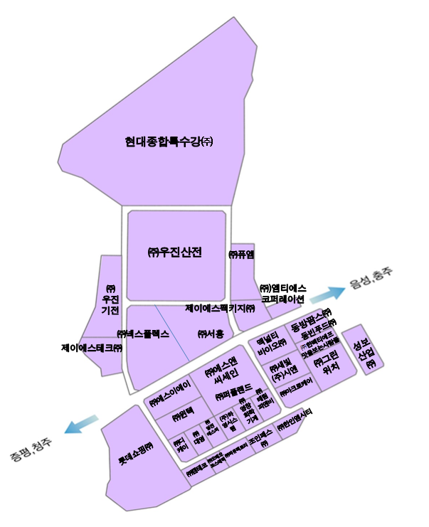 증평2일반산업단지는 청주,증평에서 충주, 음성방면으로 가는 지방도508호선 위치해있습니다. 입주기업은 지방도를 중심으로 상위에 나열된순서로 현대종합특수강(주), (주)우진기전, (주)우진산전, (주)퓨엠 제2공장, 코파마테크(주), (주)서흥, 제이에스팩키지(주), (주)엠티에스코퍼레이션이 있습니다. 남측에는 좌측으로부터 롯데쇼핑(주), (주)에스이에이, (주)윈텍,(주)피유팩토리, (주)퓨엠, (주)한인엠시티가 있고, 중앙에는 (주)에스이에이, (주)윈텍, (주)더벤티코리아, (주)디케이, (주)대영, (주)영진에스피, 디케이, (주)대영, (주)영진에스피,(주)장안하이텍,(주)영창화학기계, (주)태림피앤비,(주)에스앤씨세인,(주)켐테코,퀴오베오코스메릭,(주)피유팩토리,조인패스(주),(주)한인엠시티가 있으며, 우측에는 (주)맥널티바이오, 동방팜스(주), 남순남(주), (주)한백티에프, (주)마크로케어, (주)그린위치, 성보산업(주)가 있습니다. 