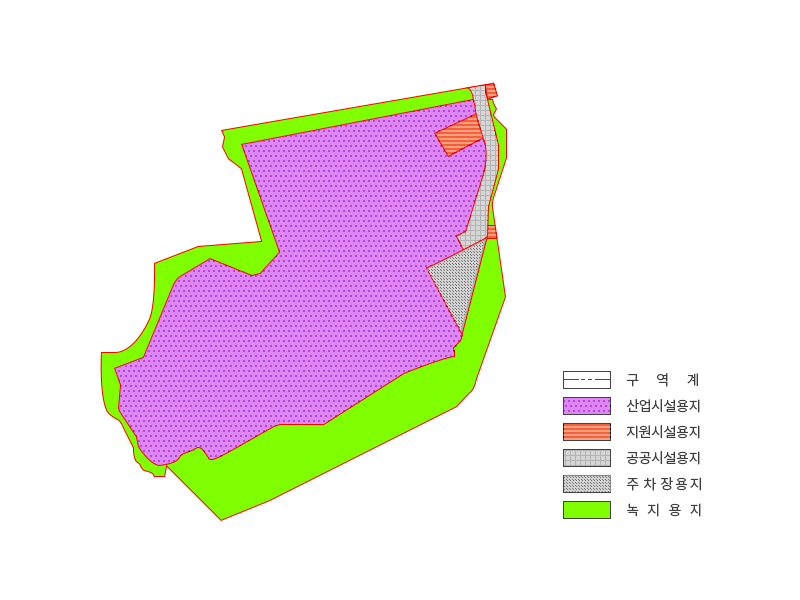 산업시설용지를 중심으로 지원시설용지는 한곳은 산업시설용지의 우측 상당에 또다른 한곳은 공공시설용지 우측 모서리에, 마지막 한곳은 공공시설용지 하단 이렇게 
            3곳으로 분포되어있으며, 공공시설용지는 산업시설용지 우측과 지원시설용지를 감싸고 있고, 주차장용지는 공공시설용지 하단에 삼각형 모양으로 위치해있습니다. 녹지용지는 산업시설용지, 지원시설용지, 공공시설용지, 주차장용지를 감싸고 있습니다. 